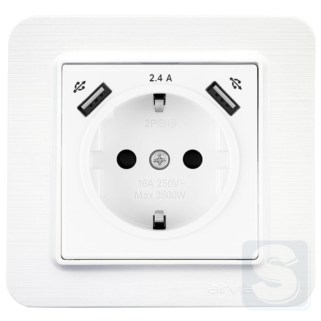 Розетка с заземлением и шторками USB-A + USB-A 5V-2.4A Arvia Electric Lavin Белый